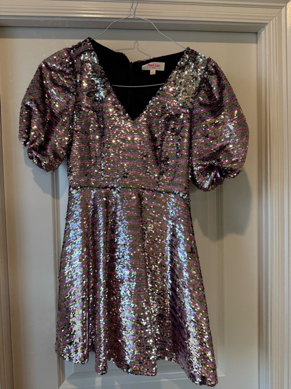 Peach Love California Iridescent Purple Sequin Puff-Sleeve Dress